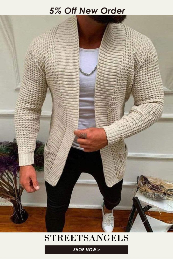 Men's Fashion Solid Color Casual V-Neck Solid Color Pocket Knit Cardigan