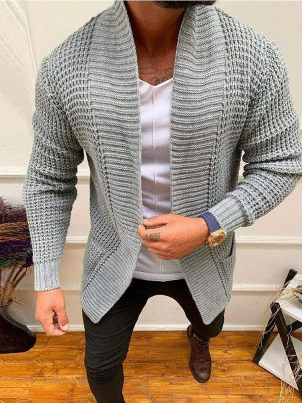 Men's Fashion Solid Color Casual V-Neck Solid Color Pocket Knit Cardigan