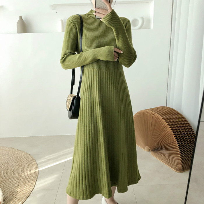 Knit Sweater Dress Fashion High Neck A Line Midi Dress