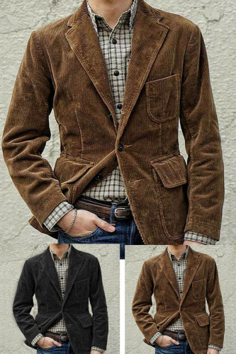 Retro Corduroy Men's Fashion Button Lapel Solid Color Casual Jacket Outerwear