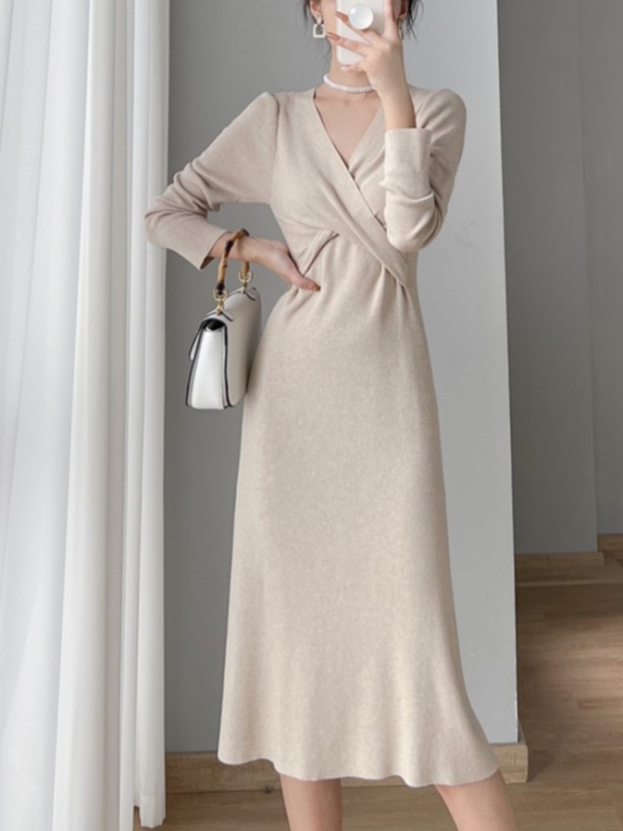 Fashion Casual High Waist V Neck Long Sleeve Elegant Party Sweater Dress