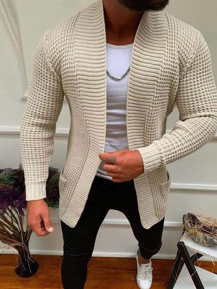 Men's Fashion Solid Color Casual V-Neck Solid Color Pocket Knit Cardigan