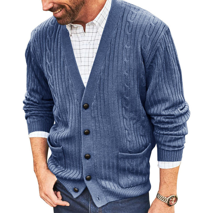 Casual V-Neck Button Solid Color Retro Fashion Men's Cardigan Sweater