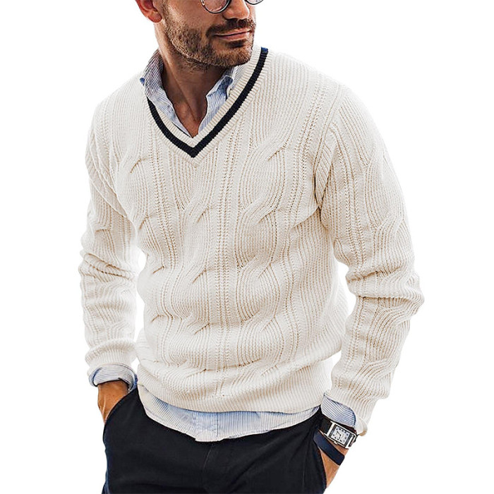 Fashion V Neck Slim Long Sleeve Knit Sweater Men's Top