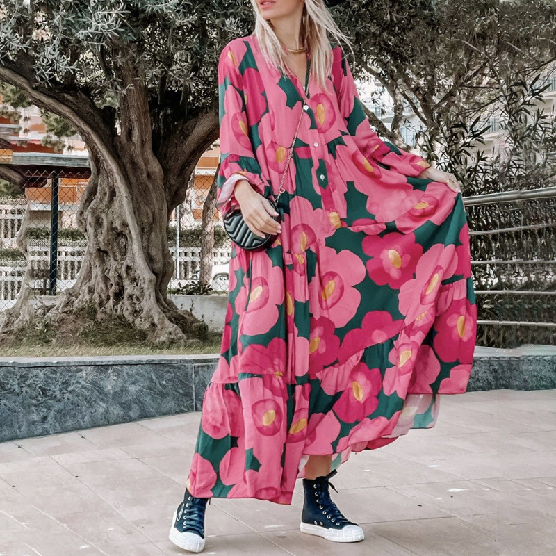 Trendy Floral Print V Neck Flared Sleeve Ruffle Beach Maxi Dress