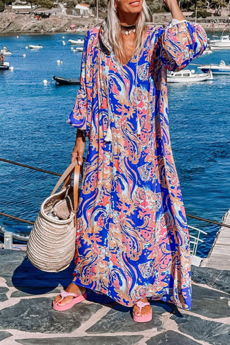 Printed Chic V-Neck Drawstring Loose Casual Fringe Boho Maxi Dress