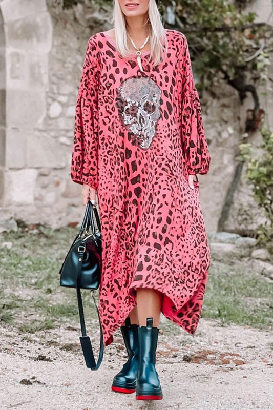 Loose Casual V-Neck Printed Long Sleeves Fashion  Midi Dress