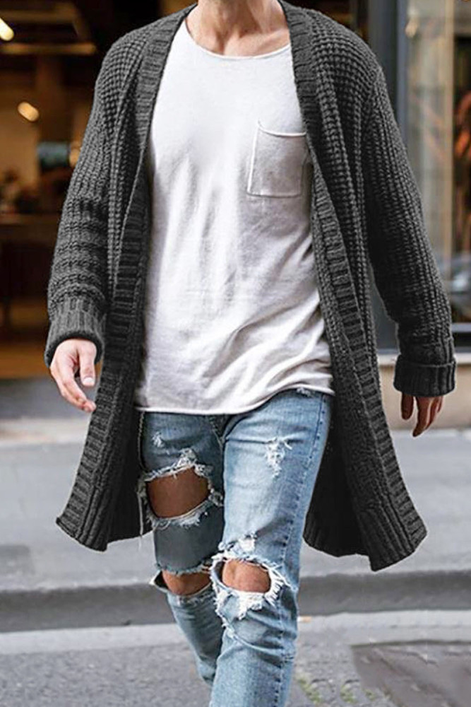 Men's Fashion Solid Color Loose Rib Bottom Knit Cardigan Sweater