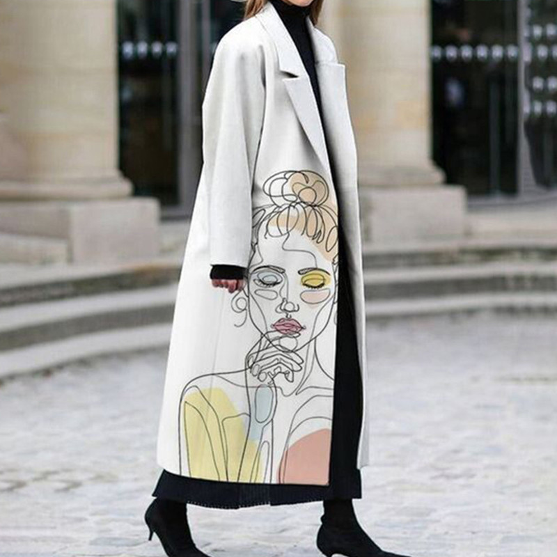 Fashion White Print Woolen Elegant Casual Loose Coats
