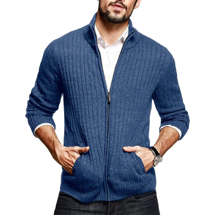 Men's Fashion Solid Color Turtleneck Slim Fit Casual Sweater Cardigan