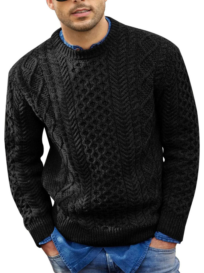 Men's Full Sleeve Twisted Flower Round Neck Solid Color Casual Sweater