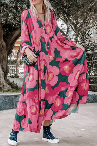 Trendy Floral Print V Neck Flared Sleeve Ruffle Beach Maxi Dress
