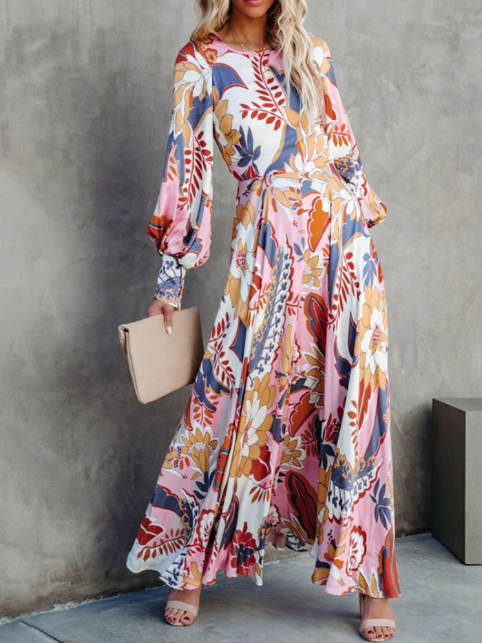 Fashion O Neck Floral Print Casual A-Line Elegant Maxi Dress