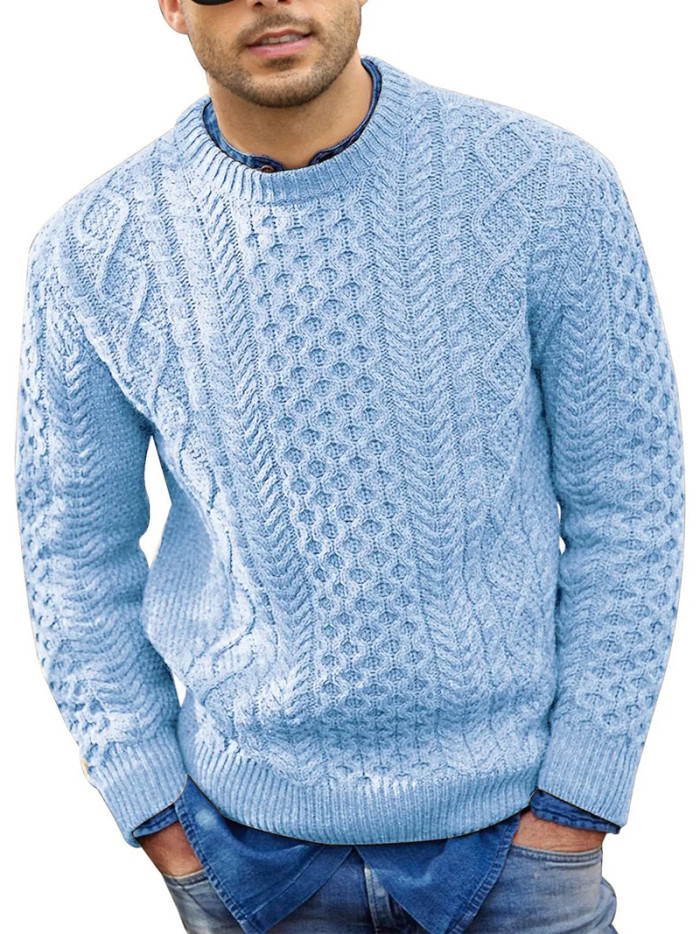 Men's Full Sleeve Twisted Flower Round Neck Solid Color Casual Sweater