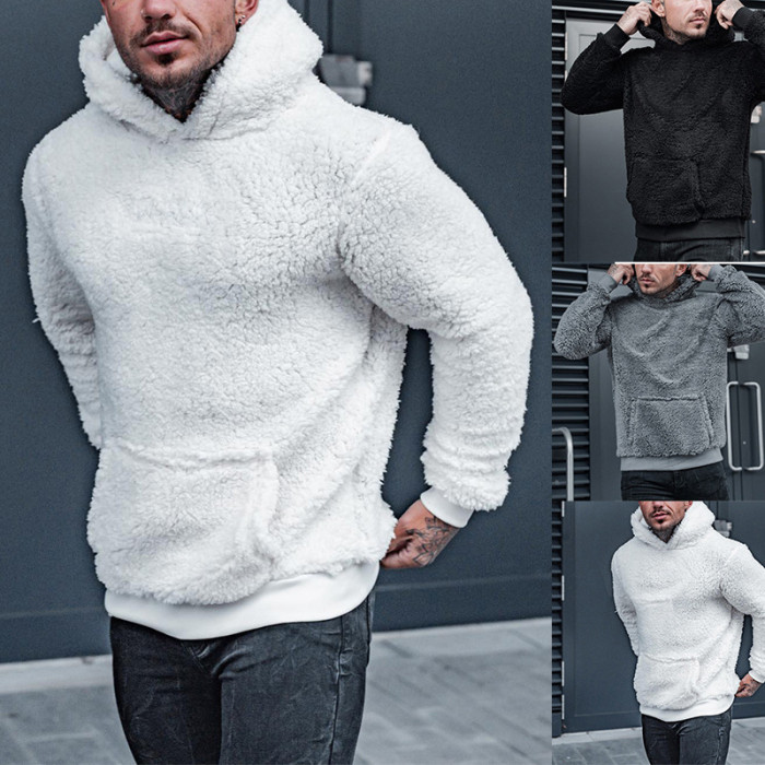 Plush Men's Fall Long Sleeve Solid Round Neck Pocket Hoodie Sweatshirt