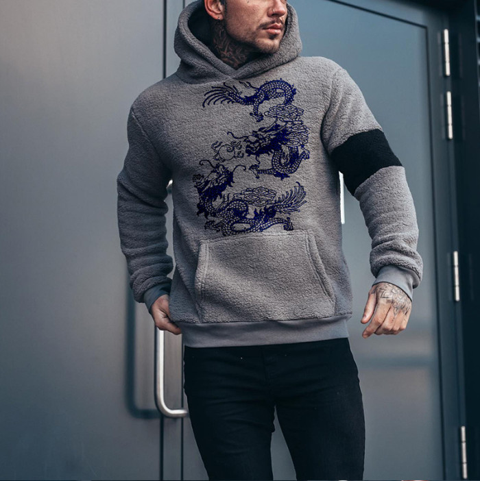 Men's Fashion Plush Print Loose Hoodie Sweatshirt