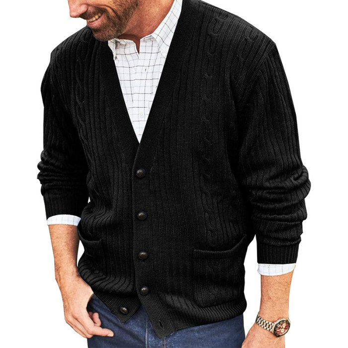 Casual V-Neck Button Solid Color Retro Fashion Men's Cardigan Sweater