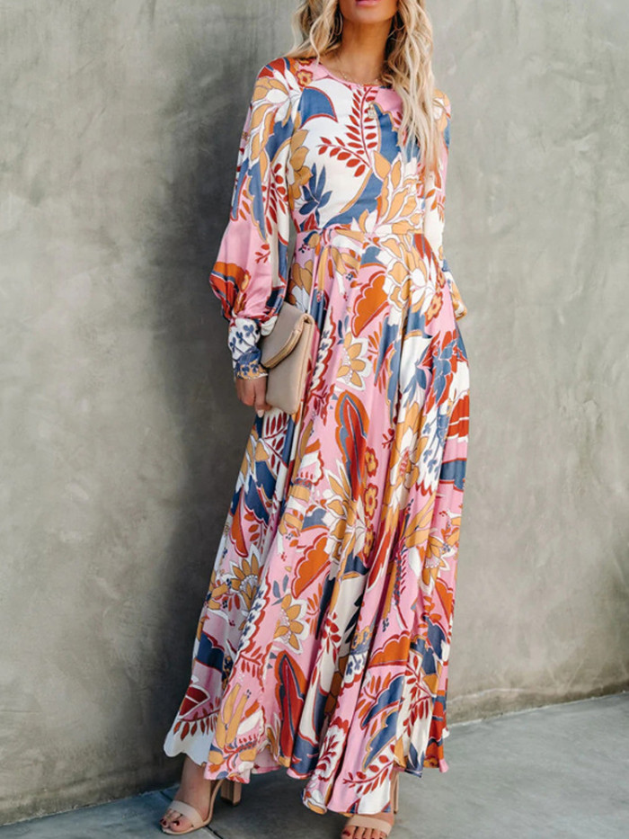 Fashion O Neck Floral Print Casual A-Line Elegant Maxi Dress