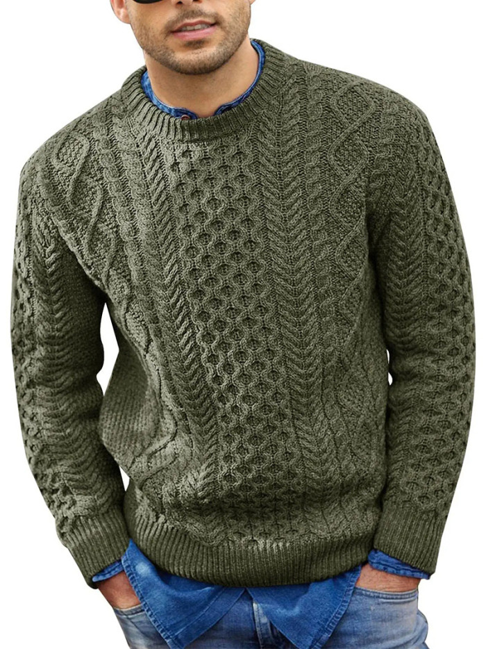 Men's Full Sleeve Twisted Flower Round Neck Solid Color Casual Sweater