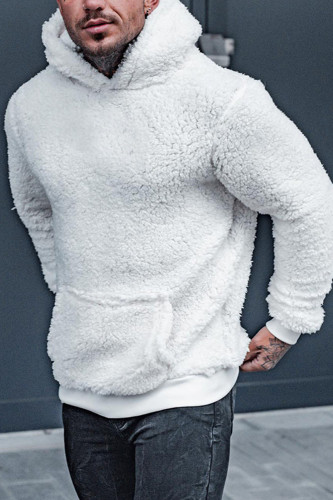 Plush Men's Fall Long Sleeve Solid Round Neck Pocket Hoodie Sweatshirt