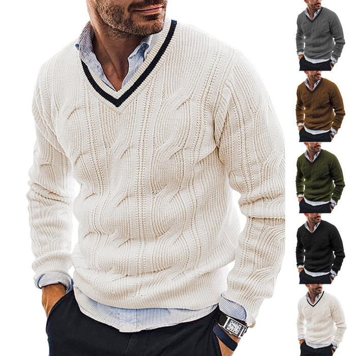 Fashion V Neck Slim Long Sleeve Knit Sweater Men's Top