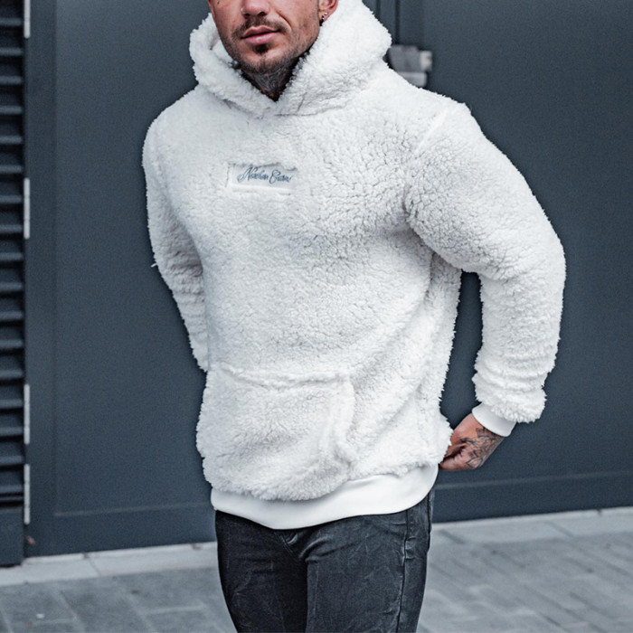 Plush Men's Fall Long Sleeve Solid Round Neck Pocket Hoodie Sweatshirt