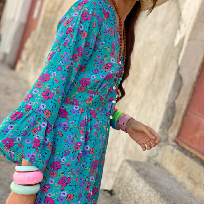 Fashionable Printed Long Sleeve Boho Style Slit Maxi Dress