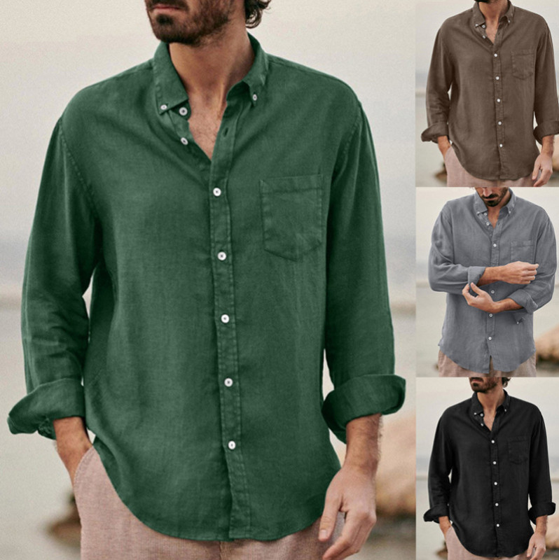 Men's Casual Solid Linen Loose Pocket Stand Collar Blouse