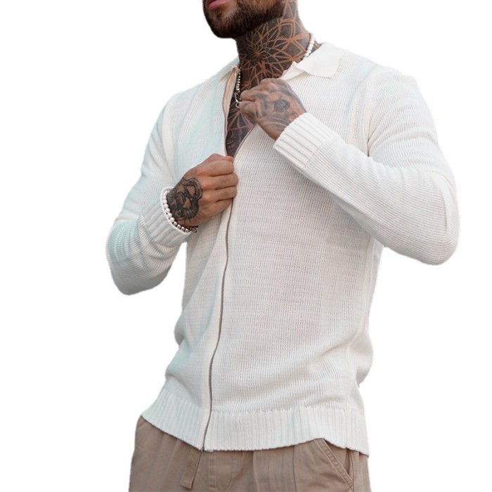 Fashion Solid Color Lapel Long Sleeve Cardigan Men's Top