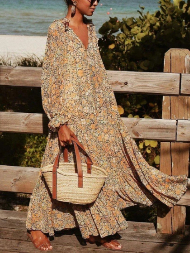 Celeste | Women's Boho Maxi Dress Long Sleeve Deep V-Neck Stripe Print