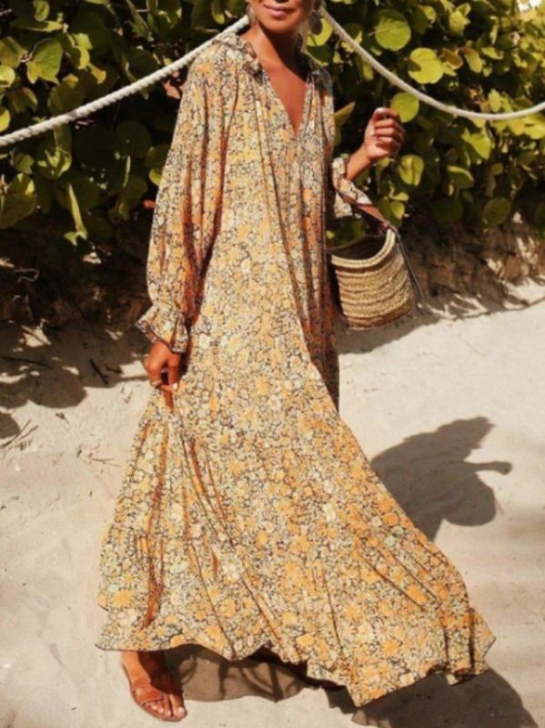 Sleek Floral Print Casual V-Neck Boho Maxi Dress