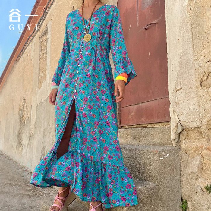 Fashionable Printed Long Sleeve Boho Style Slit Maxi Dress