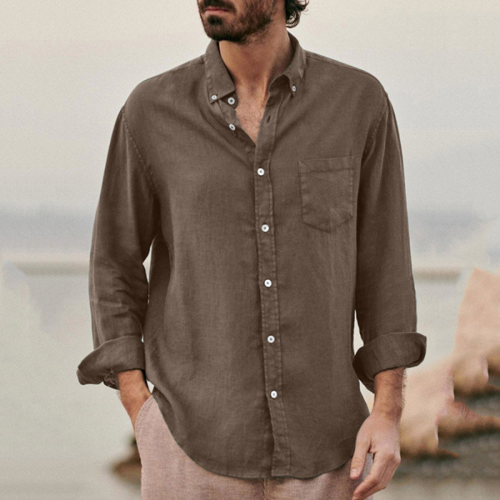 Men's Casual Solid Linen Loose Pocket Stand Collar Blouse