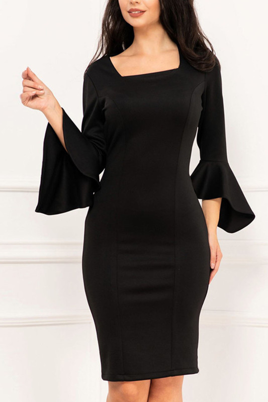 Fashionable Sexy Solid Color Round Neck Flare Sleeve Slim Fit  Bodycon Dress