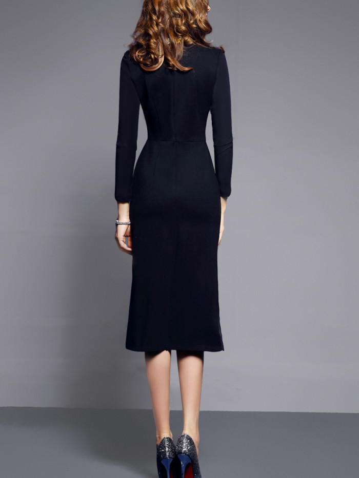 Elegant Turtleneck Long Sleeve Vintage Print Body  Midi Dress