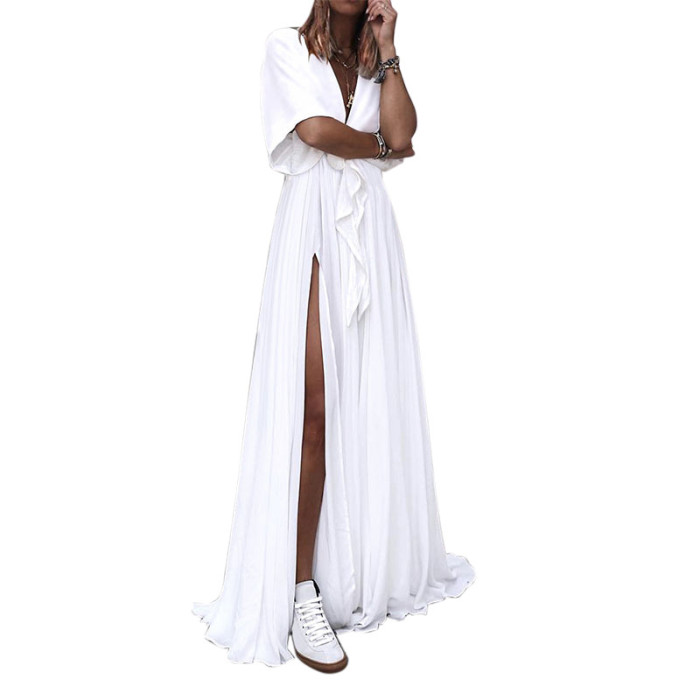 Fashion V-Neck Solid Color Elegant Slit  Maxi Dress