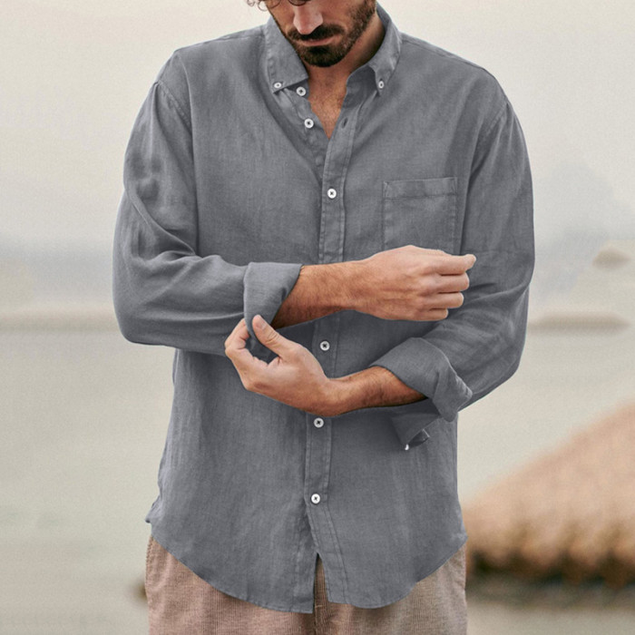 Men's Casual Solid Linen Loose Pocket Stand Collar Blouse