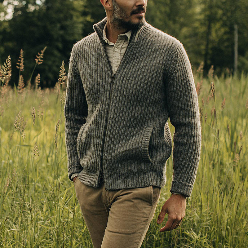 Fashion Men's Solid Color Vintage Zip Sweater Cardigan
