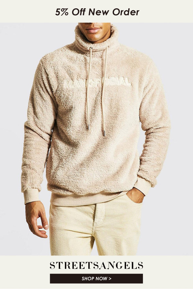 Men's Long Sleeve Solid Color Wool Fashion Stand Collar Drawstring Hoodies
