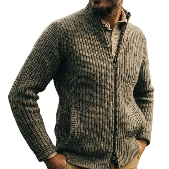 Fashion Men's Solid Color Vintage Zip Sweater Cardigan