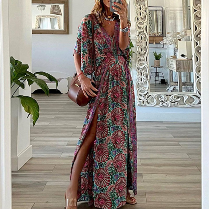 Sexy High Waist Boho Elegant Floral Vintage V Neck Maxi Dress