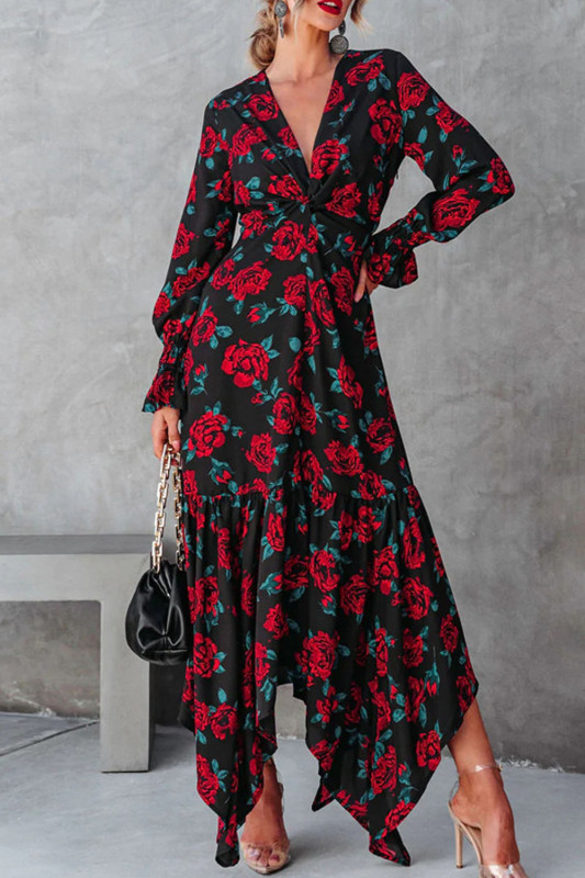 Elegant V-Neck Chiffon Floral Vintage Fitted Boho Maxi Dress