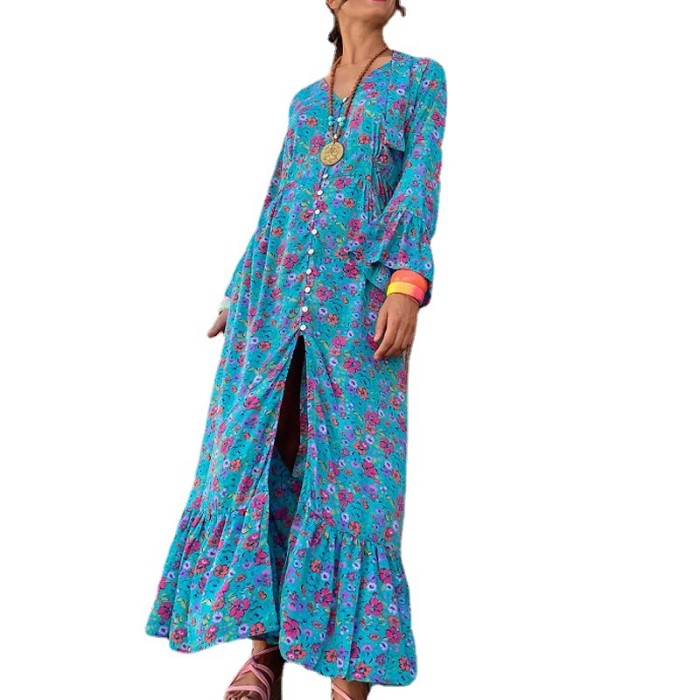 Fashionable Printed Long Sleeve Boho Style Slit Maxi Dress