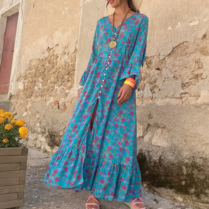 Fashionable Printed Long Sleeve Boho Style Slit Maxi Dress