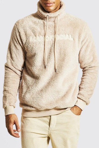 Men's Long Sleeve Solid Color Wool Fashion Stand Collar Drawstring Hoodies