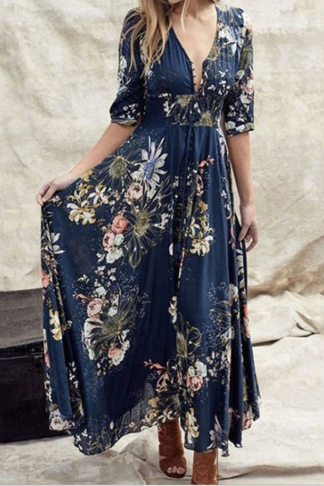 Fashion Half Sleeve V Neck Temperament Retro Floral High Waist Maxi Dress