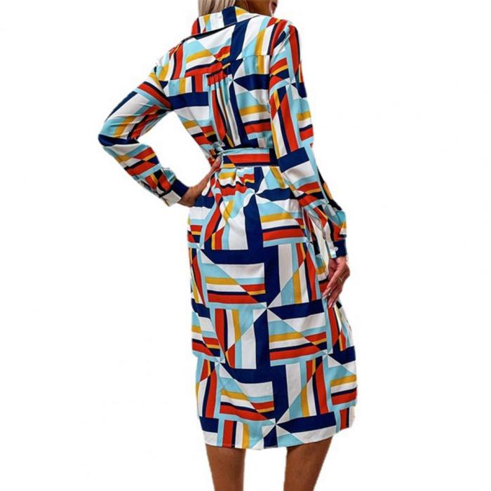 Fashion Lapel Long Sleeve High Waist Printed Midi Dress