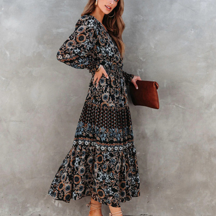 Fashion Printed Bohemian Resort Long Sleeve  Maxi Dress
