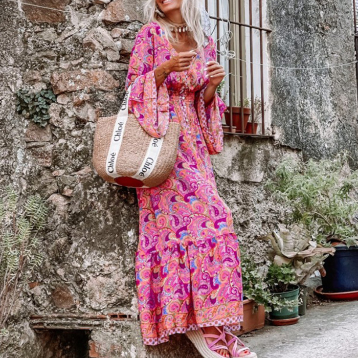 Fashion Bell Sleeve Printed Bohemian Vacation Sexy Loose Maxi Dress