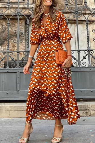 Fashion Polka Dot Print V-Neck Slim Fit Midi Dress